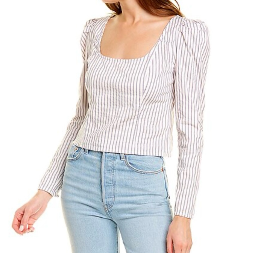 Free People White and Gray Striped Blouse